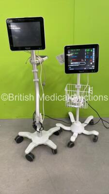 2 x Spacelabs Cube Patient Monitors on Stands with ECG, hlo1, hlo2, SPO2, NIBP and T1-2 Options (Both Power Up - 1 x Blank Screen) *S/N 1390-127238*