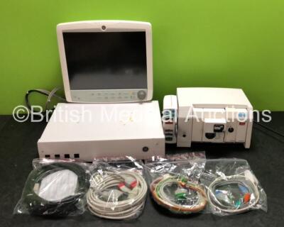 GE Carescape B850 Monitoring System Including 1 x D19KT Display / Monitor, 1 x Carescape C1-CPU Base Unit, 1 x F5-01 Module Rack with 1 x GE E-CAiO Gas Module with D-fend Water Trap,1 x GE Type E-PSMP-00 Module Including ECG, NIBP, SpO2, T1-T2, P1 and P2 