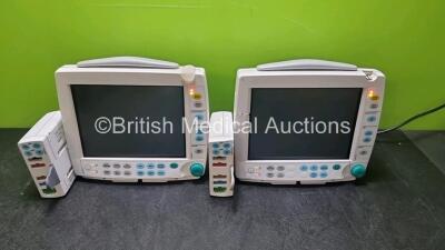 2 x GE Type F-FM-00 Patient Monitors (Both Power Up with Damage to Casing - See Photos) and 2 x GE Type E-PSMP-01 Modules Including ECG, SpO2, T1, T2, P1, P2 and NIBP Options (1 x with Damage to Csing - See Photos)