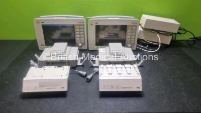 2 x Drager Infinity Delta Patient Monitors Including HemoMed 1, Aux/Hemo 3, MultiMed and NIBP Options (Both Power Up) with 2 x Drager HemoMed Pods (Both with Damage to Casing) 2 x Drager Infinity Docking Stations, 2 x Drager Microstream Modules, 2 x Power