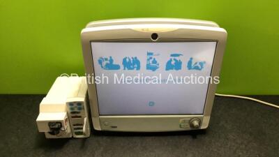 GE B650 Touch Screen Patient Monitor *Mfd 2012* with 1 x GE E-CAiOV Gas Module Including D-Fend Water Trap *Mfd - 2009* and 1 x E-PSMP-00 Module Including ECG, SpO2, T1, T2, P1, P2 and NIBP Options (Powers Up)