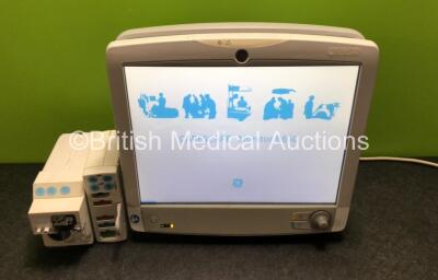 GE B650 Touch Screen Patient Monitor *Mfd 2017* with 1 x GE E-CAiOV Gas Module Including Spirometry Option and D-Fend Water Trap *Mfd - 2009* and 1 x E-PSMP-00 Module Including ECG, SpO2, T1, T2, P1, P2 and NIBP Options (Powers Up)