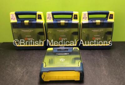 4 x Cardiac Science Powerheart AED G3 Defibrillators (All Power Up with Stock Battery, Batteries Not Included, 1 x Requires Service)