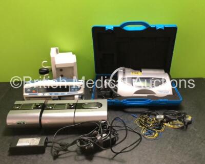 Mixed Lot Including 2 x ResMed S9 Elite CPAP Units with 1 x Humidifier Unit and 2 x Power Supplies, 1 x Philips 865243 Module Rack, 2 x EMS Stimulator Cables, 1 x Cardinal Health Alaris GH Syringe Pump, 3 x Arjohuntleigh Slings and 1 x Vitalograph 6000 Al