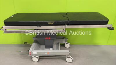 Anetic Aid QA2 Hydraulic Patient Trolley with Cushions (Hydraulics Tested Working with Damage to 1 x Cushion - See Photo)