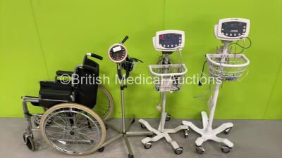 2 x Welch Allyn 53N00 Vital Signs Monitors on Stands. 1 x Blood Pressure Meter on Stand and 1 x Manual Wheelchair (Powers Up)