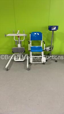 1 x Lino Sabina Comfort Electric Patient Hoist with Controller (Unable to Power Test Due to No Battery), 1 x Marsden Wheelchair Weighing Scales (No Power) and 1 x Radiometer Copenhagen Tina TCM4 Series Monitor on Stand (Powers Up)