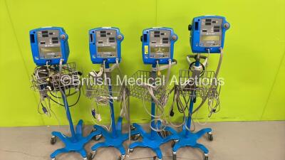 4 x GE DInamap Pro 400V2 Vital Signs Monitors on Stands with Various Leads (All Power Up)