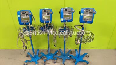 4 x GE DInamap Pro 300V2 Vital Signs Monitors on Stands with Various Leads (3 x Power Up, 1 x No Power)