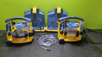 2 x Laerdal LSU Suction Units (Both Power up) with 2 x Suction Cup, 2 x Hoses and 2 x LSU Wall Brackets (Both with Cut Cables)