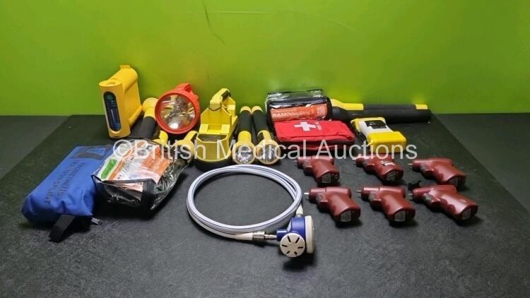 Mixed Lot Including 9 x Torches, 1 x Prometheus Traction Splint, 2 x Sam Pelvic Swings, 1 x Laerdal Compact Suction Unit 4, 1 x BCI 3301 SpO2 Monitor, 6 x EZ-10 G3 Power Drivers and 1 x First Aid Kit