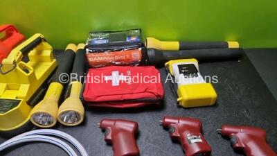 Mixed Lot Including 9 x Torches, 1 x Prometheus Traction Splint, 2 x Sam Pelvic Swings, 1 x Laerdal Compact Suction Unit 4, 1 x BCI 3301 SpO2 Monitor, 6 x EZ-10 G3 Power Drivers and 1 x First Aid Kit - 3