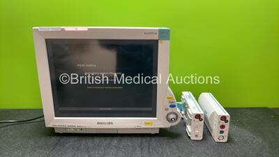 Philips IntelliVue MP70 Neonatal Patient Monitor with 1 x Philips M3015A Opt C06 CO2 Microstream Including CO2, Press and Temp Options and 1 x Philips M3001A Opt A01C06 Module Including ECG, SpO2, NBP, Press and Temp Options (Powers Up with Missing Dial a