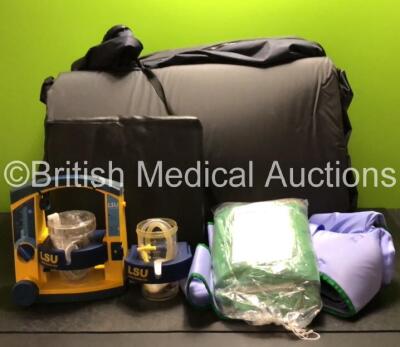 Mixed Lot Including 1 x Laerdal LSU Suction Unit With 2 x Cups (No Power, 1 x Cup Missing Lid) Various Hoist Slings and 1 x CPR Mattress *in cage*