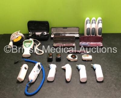 Mixed Lot Including 3 x Zeal Ear Thermometers, 6 x Various Thermometers, 1 x GE TuffSat Monitor with Finger Sensor, 3 x Insulin Pens, 1 x Welch Allyn SureTemp Plus Thermometer, 1 x Keeler Otoscope / Ophthalmoscope with 1 x Attachment in Case and 1 x Welch