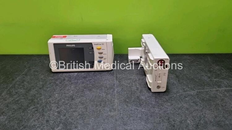 Job Lot Including 1 x Philips IntelliVue X2 Handheld Patient Monitor Including ECG, Sp02, NBP, Temp and Press Options (Powers Up Slight Damage to Casing - See Photo) and 1 x Philips Philips M3015A Opt C06 Microstream CO2 Module Including CO2, Press and T