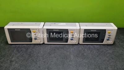 3 x Philips IntelliVue X2 Handheld Patient Monitors Including ECG, SpO2, NBP, Press and Temp Options (All Power Up 2 with Slight Cracks In Casing - See Photo) *SN DE03768409 / DE03758068 / DE03767918*