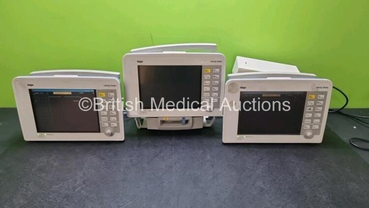 3 x Drager Infinity Delta Patient Monitors with HemoMed1, Aux/HemoMed 2, Aux/HemoMed 3, MultiMed, NBP and SpO2 Options (Both Power Up with Stock Power Supply, Power Supply Not Included) with 2 x Drager SpO2 Modules and 1 x Docking Station