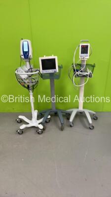 1 x Datascope Trio Patient Monitor on Stand, 1 x Welch Allyn SPOT Vital Signs Monitor on Stand and 1 x Datascope Duo Vital Signs Monitor on Stand (All Power Up - 1 x Damaged Mounting Point - See Pictures)