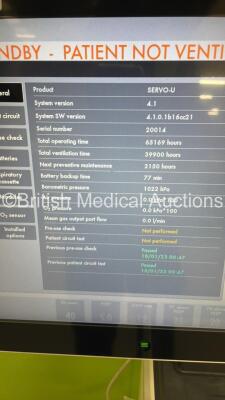 Maquet Servo U Ventilator System Ref 6694800 Version 4.1 Software Version 4.1.0.1 - Total Operating Time 65169 Hours - Total Ventilator Time 39900 Hours with Hoses (Powers Up - Damage to Rear Door - See Pictures) *S/N 20014 * - 2