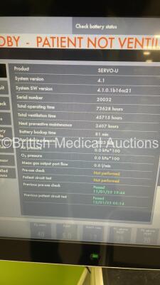 Maquet Servo U Ventilator System Ref 6694800 Version 4.1 Software Version 4.1.0.1 - Total Operating Time 73628 Hours - Total Ventilator Time 45715 Hours with Hoses (Powers Up) *S/N 20032 * - 2