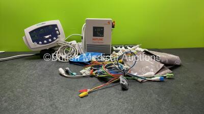 Mixed Lot Including 1 x Welch Allyn 53N00 Patient Monitor with 1 x SpO2 Finger Sensor, 1 x NIBP Hose and 1 x AC Power Supply On Mounting Bracket (Powers Up) 3 x 3 Lead ECG Leads, 3 x SpO2 Finger Sensors, 3 x NIBP Hose with BP Cuffs, 1 x Level 1 Hotline Fl