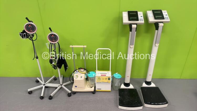 Mixed Lot Including 2 x Suction Units with Cups (Both Power Up) 2 x Seca Standing Scales and 2 x Speidel Keller BP Meters on Stands