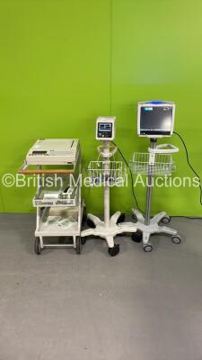 Job Lot Including 1 x GE Carescape B450 Monitor on Stand *Mfd 2020* Some Missing Casing - See Photo, 1 x Philips SureSigns VS2+ Monitor on Stand (Both Power Up) and 1 x Hewlett Packard PageWriter Model M1770A ECG Machine on Stand (Draws Power with Blank S