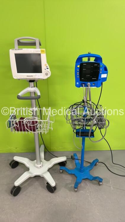 1 x GE Carescape Vital Signs Monitor on Stand with Leads and 1 x Philips IntelliVue MP30 Patient Monitor on Stand with Philips M3001A Multiparameter Module with ECG/Resp, SPO2 and NBP Options and Philips M3015A Module with Press, Temp and Microstream Opti