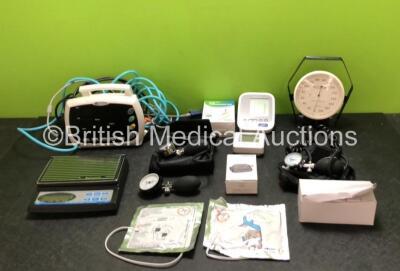 Mixed Lot Including 1 x Huntleigh Healthcare SmartSigns LitePlus Monitor (Powers Up) 1 x Salter Brecknell Weighing Scales, 2 x Cardiac Science Defibrillator Electrode Packs *1 x In Date, 1 x Expired* 200 x Probe Covers for ET Thermometers (Unused) and Var