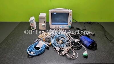 Job Lot Including 1 x GE Datex - Ohmeda F-FM-00 Patient Monitor (Powers Up Slight Damage to Dial - See Photo), 1 x GE N-FCREC-00 Gas Module with Mini D - Fend Water Trap, 1 x GE E-PSMP-00 Module Including ECG, SpO2, NIBP, P1, P2, T1 and T2 Options and Job