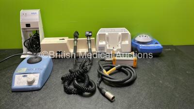 Mixed Lot Including 1 x Stuart SA8 Vortex Mixer (Powers Up) 1 x Arjo Type NCA2000-GB Charger (Powers Up) 1 x Welch Allyn 767 Series Wall Mounted Otoscope with 2 x Attachments (No Power with Damaged Cables-See Photo) 1 x Honig Lichttechnik Tpreset Instrume