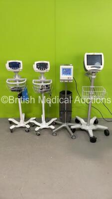 2 x Welch Allyn 53N00 Vital Signs Monitors on Stand with Selection of Cables (No Power Supplies) 1 x Mindray PM-7000 Patient Monitor on Stand (Powers Up with Damage - See Photo) and 1 x Anetic Aid AET Electronic Tourniquet on Stand (Powers Up) *S/N JA0590