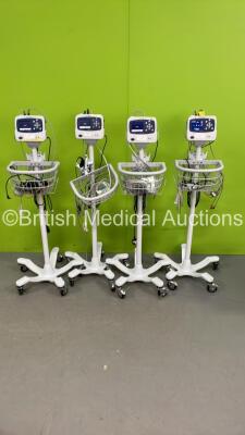 4 x Welch Allyn ProPaq LT Patent Monitors on Stands with Selection of Cables (All Power Up) *S/N 525198 / 252197 / 525200 / 525199 *