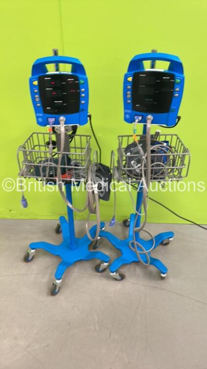 2 x GE Dinamap ProCare Auscultatory Vital Signs Monitors on Stands with Leads (Both Power Up) *S/N 2019194-001*