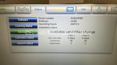 2 x Fresenius Medical Care 5008 CorDiax Dialysis Machines Software Version V4.50 - Running Hours 24274 / 24162 with Hoses (Both Power Up with BTM Errors) - 2