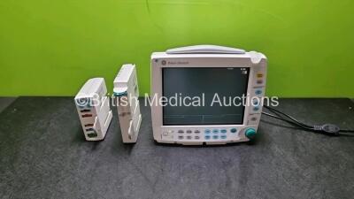 Job Lot Including 1 x GE Type F-FM-00 Patient Monitor (Powers Up with Damage to Casing - See Photos) 1 x GE Type E-PSMP-01 Module with ECG, SpO2, T1, T2, P1, P2 and NIBP Options and 1 x GE Type N-FC-00 Module