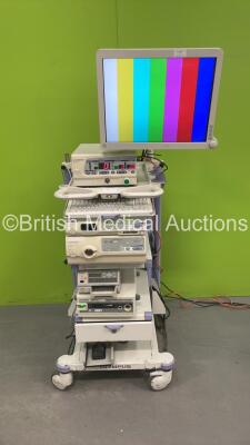 Olympus Stack Trolley with Advan Monitor, Olympus OES UHI-3 Insufflator, Olympus Visera Pro OTV-S7Pro Camera Control Unit, Olympus Visera Pro CLV-S40Pro Light Source, Sony UP-21MD Colour Video Printer and Olympus SonoSurg Unit (All Power Up)