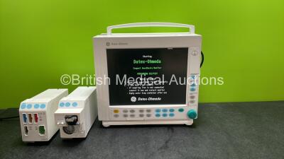 GE Datex Ohmeda Compact Anesthesia Monitor with 1 x GE E-CAiOV Gas Module Including Spirometry and D-fend Water Trap and 1 x GE E-PRESTN Module Including ECG, NIBP, T1, T2, P1, P2 and SpO2 Options (Powers Up) *SN 6557321, 6153126, 6566472*