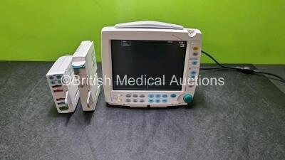 Job Lot Including 1 x GE Type F-FM-00 Patient Monitor (Powers Up with Damage to Casing - See Photos) 1 x GE Type E-PSMP-01 Module with ECG, SpO2, T1, T2, P1, P2 and NIBP Options and 1 x GE Type N-FC-00 Module