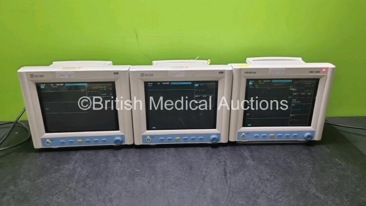 3 x Mindray MEC-1000 Patient Monitors Including ECG, NIBP, SpO2 and T1 Options (All Power Up) *SN AQ-76101223 / AQ-76101225 / AQ-1C164634*