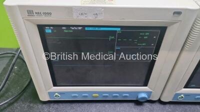 3 x Mindray MEC-1000 Patient Monitors Including ECG, NIBP, SpO2 and T1 Options (All Power Up) *SN AQ-76101223 / AQ-76101225 / AQ-1C164634* - 2