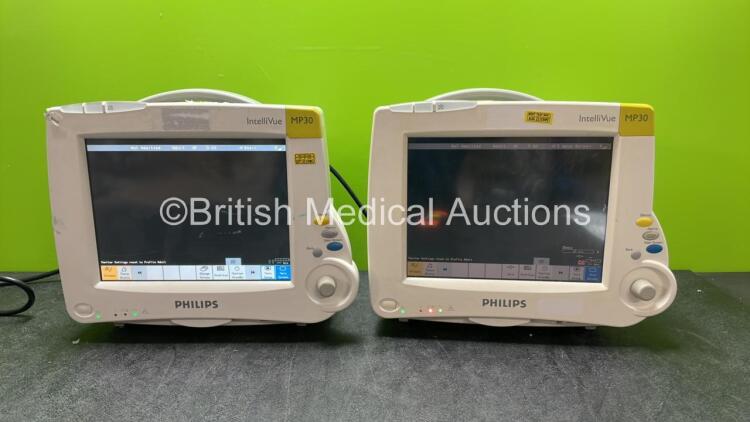 2 x Philips IntelliVue MP30 Patient Monitors (Both Power Up) *SN DE72870436, DE52612019* *H*