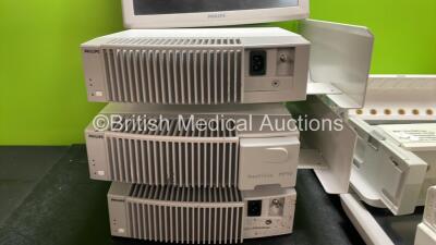 Job Lot Including 3 x Philips M8010A Modules (All Power Up) 3 x Philips 19 Inch LCD Monitors (All Untested Due to Missing Power Supplies) 3 x Philips M8048A Module Racks *SN G09C018953, A13C023577, L11C018434, DE44003178, DE44003195, DE84311498 - 3