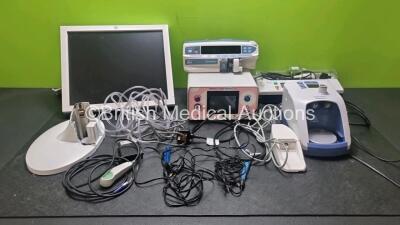 Mixed Lot Including 1 x Fisher & Paykel Airvo 2 Humidifier, 1 x Gastro CH ECK Gastrolyzer. 1 x GE CDA19T Patient Monitor with Stand (Damaged Stand - See Photo), 1 x Carefusion Alaris Plus GH Syringe Pump, 2 x Diathermy Forceps, 1 x Conmed Footswitch and