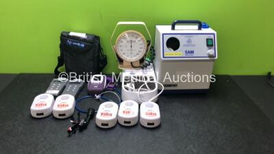 Mixed Lot Including 1 x MGE SAM 12 Suction Unit (Damaged Casing - See Photo), 1 x Accoson BP Meter, 1 x Philips Respironics InnoSpire Deluxe Nebulizer (Missing Lid) 5 x Professional Table Voice+ Units (All Missing Battery Covers), 2 x Comark C9557 Pressur