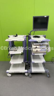 2 x Olympus Stack Trolleys with 1 x Olympus OEV181H Monitor, Keyboard, Olympus Evis Lucera CV-260 and Olympus Evis Lucera CLV-260 (All Power Up) *7321628 / 7525501 / 7514958*