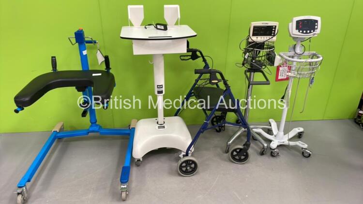 Mixed Lot Including 1 x Welch Allyn 53NT00 Vital Signs Monitor on Stand, 1 x Welch Allyn 5200 Series Vital Signs Monitor on Stand,(Both Power Up) 1 x Walking Aid, 1 x RDP Mobile Workstation and 1 x Arjo Manual Standing Aid *S/N JA122168*