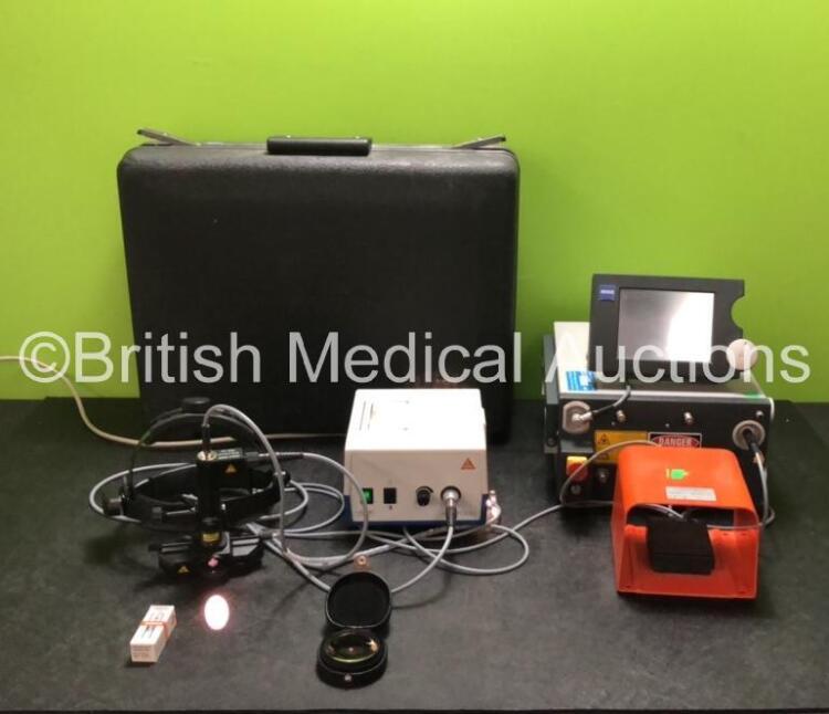 Carl Zeiss Meditec AG Visulas 532S Laser System (Untested Due to No Key) Including Footswitch, Heine Omega 150 Headlight (Powers Up) and Heine HK 7000 Light Source (Powers Up) in Case *SN 903992 / 197 / 001602841529*