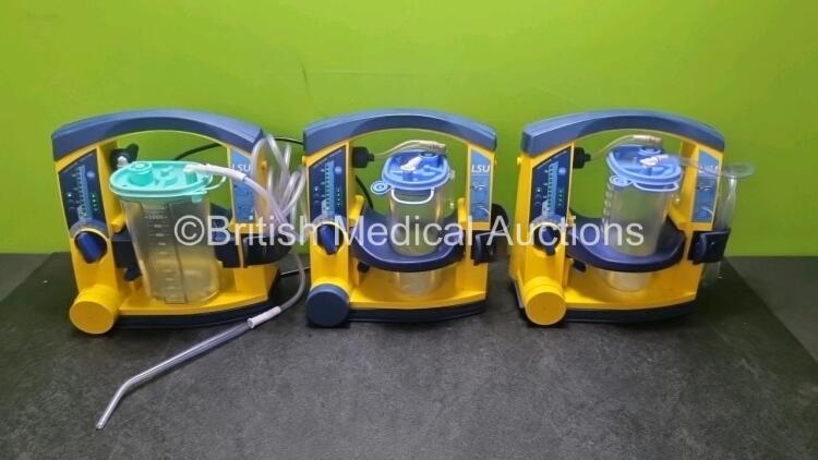 3 x LSU Laerdal Suction Unit with 3 x Suction Cups 3 x Batteries and Hoses (All Power Up 2 x with Missing Casing and 1 x with Slightly Damaged Casing - See - Photo)